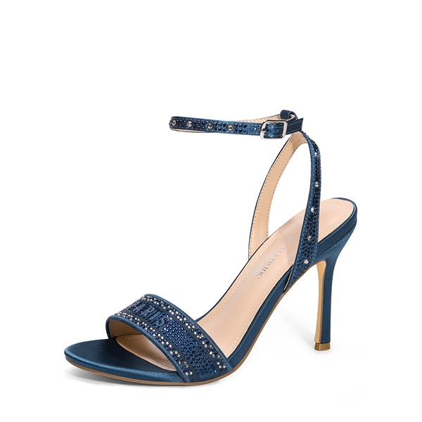 Minimalist Ankle Strap Stiletto Heel Sandals - NAVY-RHINESTONE -  0